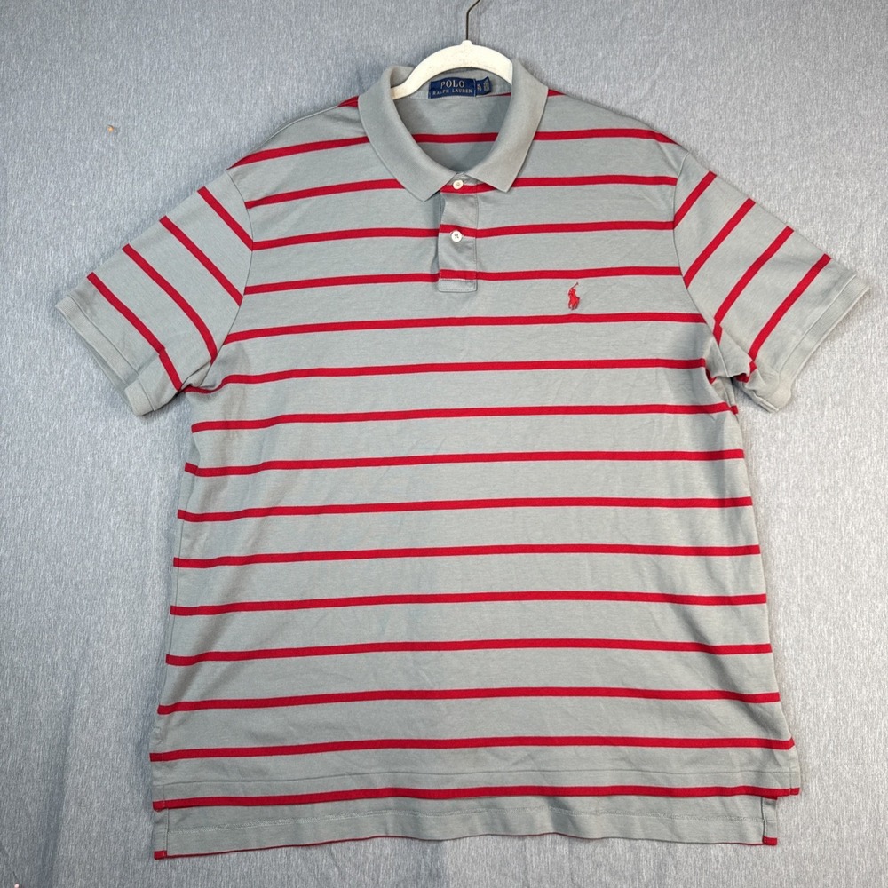 Ralph Lauren Polo Shirt Mens XL  Gray Red Striped Short Sleeve Casual Preppy